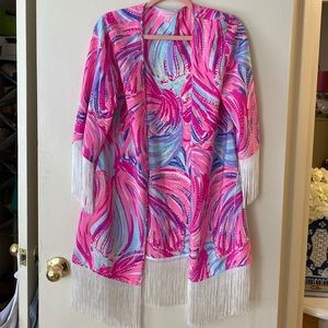 Lilly Pulitzer Kimono Fringe Pink Blue Small Medium RARE
